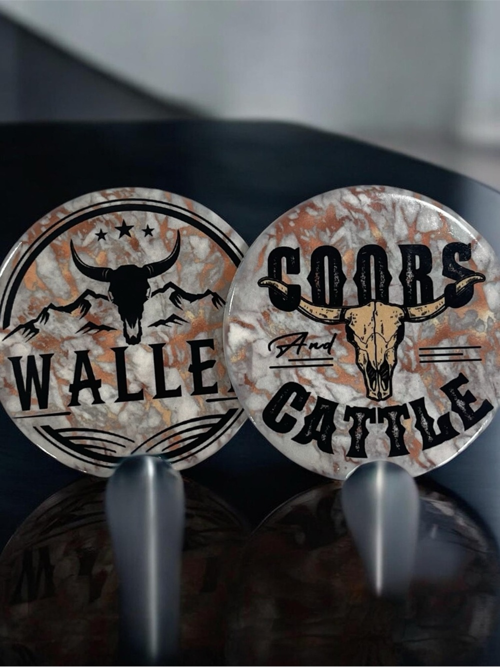 Rustic Brown and Cream Wallen & Coors - Cattle Skull Round Car Coasters